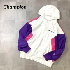 Champion ハーフジップ パーカー ホワイト パープル