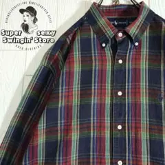 人気 ラルフローレン 長袖シャツ 2XL ネイビー チェック ボタンダウン 古着