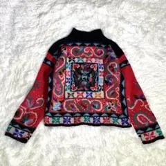 希少 L.L.Bean 総柄 ニット ジャガード ハイネック 赤 黒