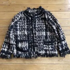 ノーカラー ツイード フリンジ