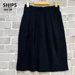 【美品】シップス SHIPS タック入りひざ丈スカート 濃紺 通勤服 D149のサムネイル