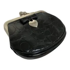 COACH がま口 コインケース 黒 シグネチャー リボン エナメル 美品
