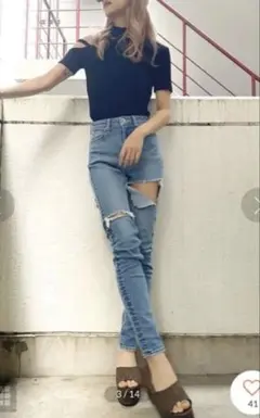 H/Wsplitダメージスキニーデニムパンツ