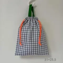 【ハンドメイド】グレーのチェックの持ち手付き巾着 4. 大きめ上履き入れ