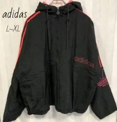 アディダス☆adidas　ナイロンジャケット　パーカー　3ライン　ブラック　古着