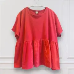 値下げ新品未使用レッド 異素材パッチワークフレアシルエット Tシャツ 半袖