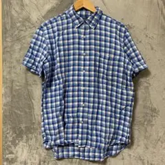 【L1505】 LANDS' END ギンガムチェック リネンシャツ L ブルーのサムネイル