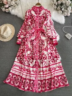 レディース レトロ 着痩せ Aライン ドレスワンピースI プリント ファッション