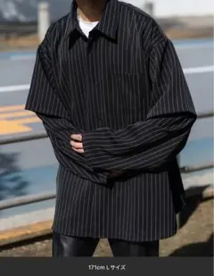 Adoon plain スリーブレイヤードシャツ　ブラック　ストライプ　Lサイズ