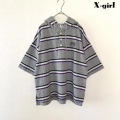 X-girlエックスガール 半袖 フード付きパーカー ボーダー ビッグシルエットのサムネイル