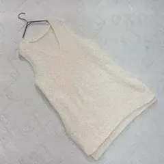 Rafraf フリンジニットベスト Vネック ロングジレ アイボリー L
