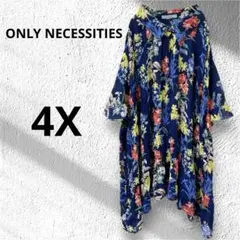 ONLY NECESSITIES 【4X】ネイビープリーツ花柄半袖シャツ 大きめ