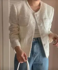 ノーカラーツィードジャケット　白　オフホワイト