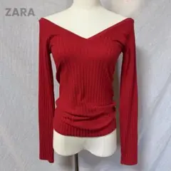 ZARAザラ M 深Vネックオフショルダーリブ編み長袖トップス