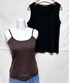 美品　２枚セット　ブラウンキャミソール　ブラックタンクトップ　春夏レースデザイン