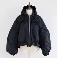 リボンブルゾン フード付きオーバーサイズダウンジャケット ブラック