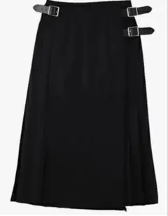オニールダブリン　黒 プリーツロングスカート サイドバックル付き