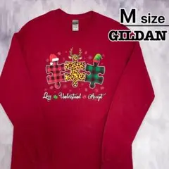 USA古着　GILDAN　長袖Tシャツ　M　レッド　赤　プリント　クリスマス