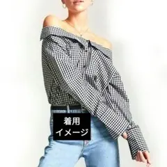 極美品オフショルダーギンガムチェックシャツ　ブラック×ホワイト　2way　Y2K