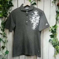 MK658★adidas ポロシャツ グレー 斜めストライプ 花柄★サイズMのサムネイル