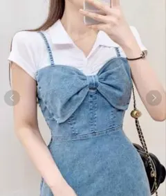 デニム リボン キャミ ワンピース 最終值下