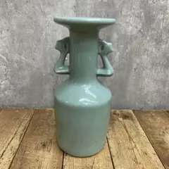 D-壁 【骨董・アンティーク】青磁 耳付花瓶 フラワーベース 貫入 鳳凰耳 中国