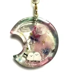 ハンドメイド　シマエナガ　ハーバリウム　シャカシャカチャーム　三日月　桜