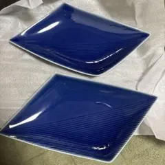 新品未使用　有田焼 瑠璃色　角プレート　2枚組　徳幸窯　焼物皿 盛皿 魚皿