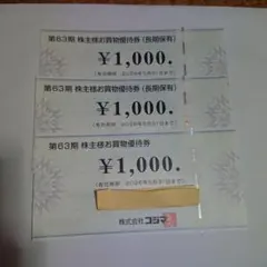 コジマ 株主優待券 3000円分
