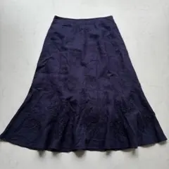 ローラアシュレイ リネン フレアスカート 花柄 刺繍 紺 11（F1020）