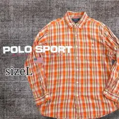 【90sPOLO SPORT 】オレンジチェック長袖シャツ　インド製　Ｌサイズ