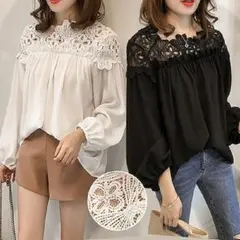 春新作 花柄透かし彫りレース シフォンブラウス HLM51