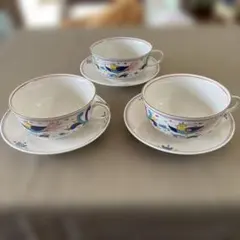 幸兵衛窯ペルシャ色絵彩鳥文スープカップ&ソーサー3客