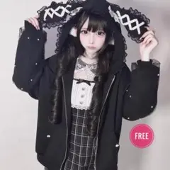 新作♡　うさ耳 パーカー　地雷　ブラック　フード　オーバー　アウター　リボン