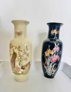 九谷焼 陶器花瓶 花鳥デザイン　蘭図 黒翠陶苑 フラワー花器 2点メルカリ便発送のサムネイル