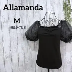 アラマンダ 袖異素材リブトップス M 半袖 パフスリーブ シアー ドット 黒のサムネイル