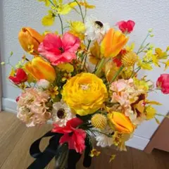 ピンク　黄色　ウェディング　ブーケ　アーティフィシャルフラワー　結婚式　造花