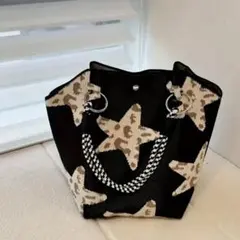 新品　ニットハンドバッグ　レオパード柄　星　　　ブラック