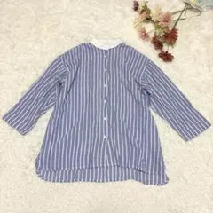 s.1332 ノーカラー 7分袖 シャツ ストライプ ブルー系 カジュアル M