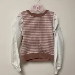 美品 千鳥格子 異素材 パフスリーブ プルオーバー M ピンク 長袖 春夏 綺麗のサムネイル