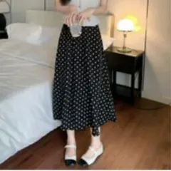 ドット柄 ロング スカート 春夏服 ボトムス　ブラック