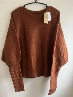 リブ編みバルーンスリーブニットブラウン