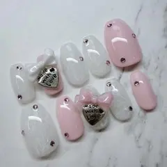 No80 オーダーネイルチップ ガーリーネイル レース リボン ウィッシュコア