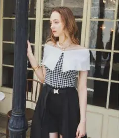 VIOLETTA オフショルダー ギンガムチェック トップス