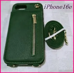 微キズ iPhone16e/17e 用 スマホケース ネックストラップ 緑色