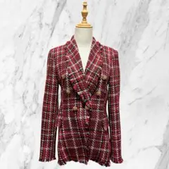 【美品】ザラ ZARA チェック柄ダブルブレストツイードジャケット 金ボタン
