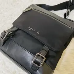 【美品】アニエスベー ショルダーバッグ サコッシュ ブラック レザー ナイロン