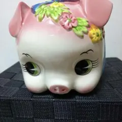 陶器製豚貯金箱 花の装飾付き⚫︎当時物⚫︎昭和レトロ 豚の貯金箱