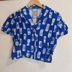レア✨一点モノ✨輸入古着✨青色 抽象パターン 半袖シャツ　お出かけ【SS】