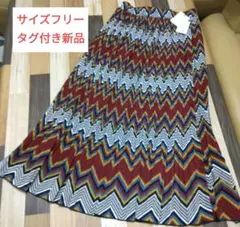 新品tiptop幾何学模様プリーツスカート 赤レッド系 F ウエストゴムのサムネイル